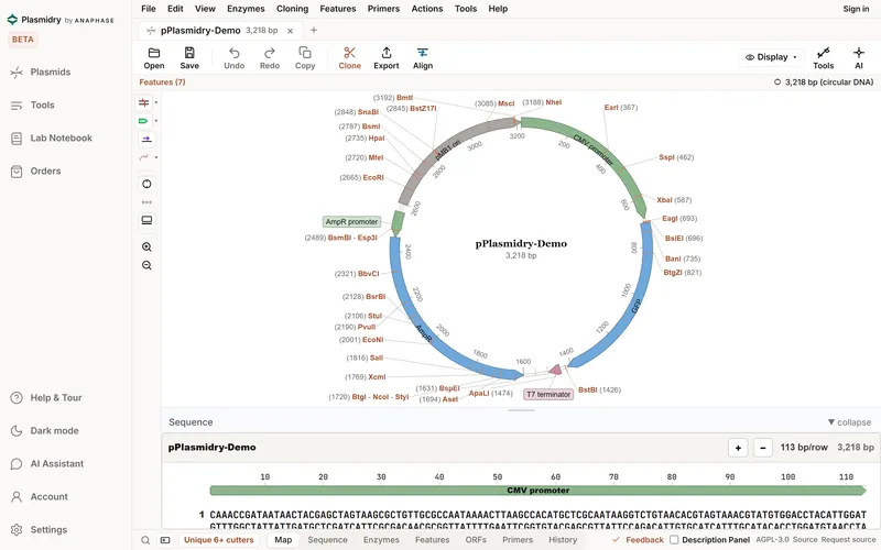 Plasmidry circular map of pPlasmidry-Demo, 3,218 bp: CMV promoter, GFP, T7 terminator, AmpR with its promoter and the pMB1 origin, with unique restriction sites labelled round the outside.