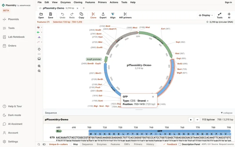 The circular map with GFP selected and outlined, a popup giving its type, strand and position, and the selection shown in the header.