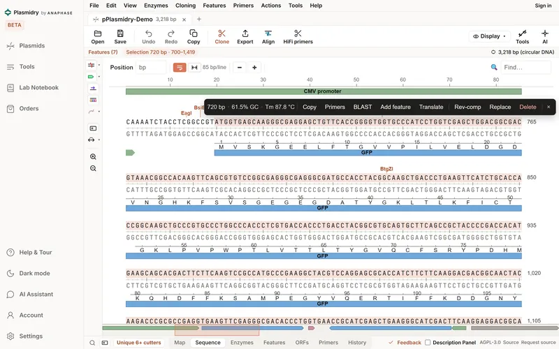 Sequence view of the GFP selection: both strands, the GFP feature bar with its amino-acid translation, restriction sites above, and the selection toolbar.