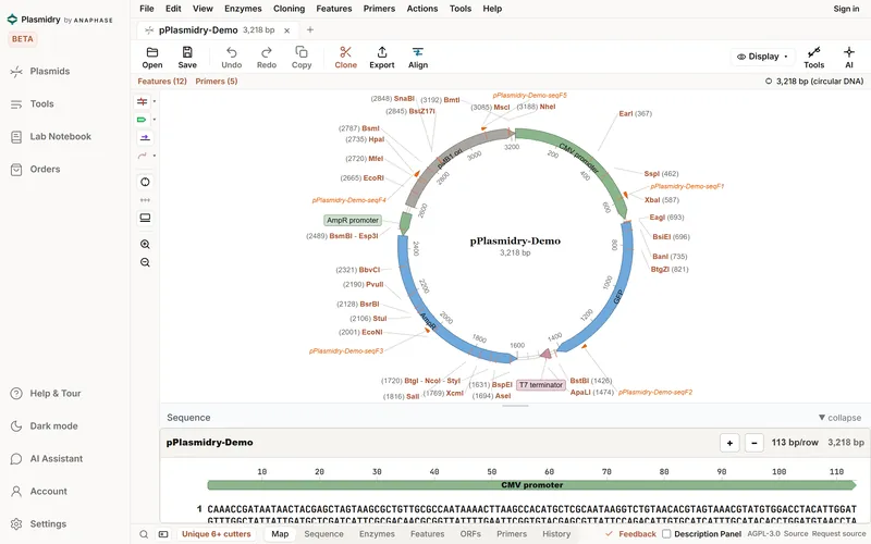 The circular map with five sequencing primers drawn as orange arrows round the plasmid and labelled pPlasmidry-Demo-seqF1 to seqF5.